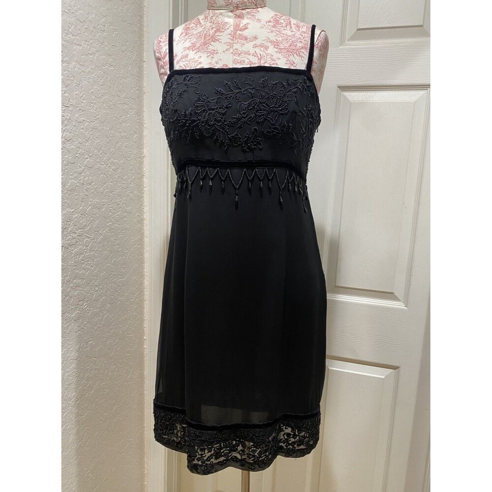 VTG Y2K Embellished 100% Silk Mini Dress Babydoll Sz M Black Floral Cocktail 90s